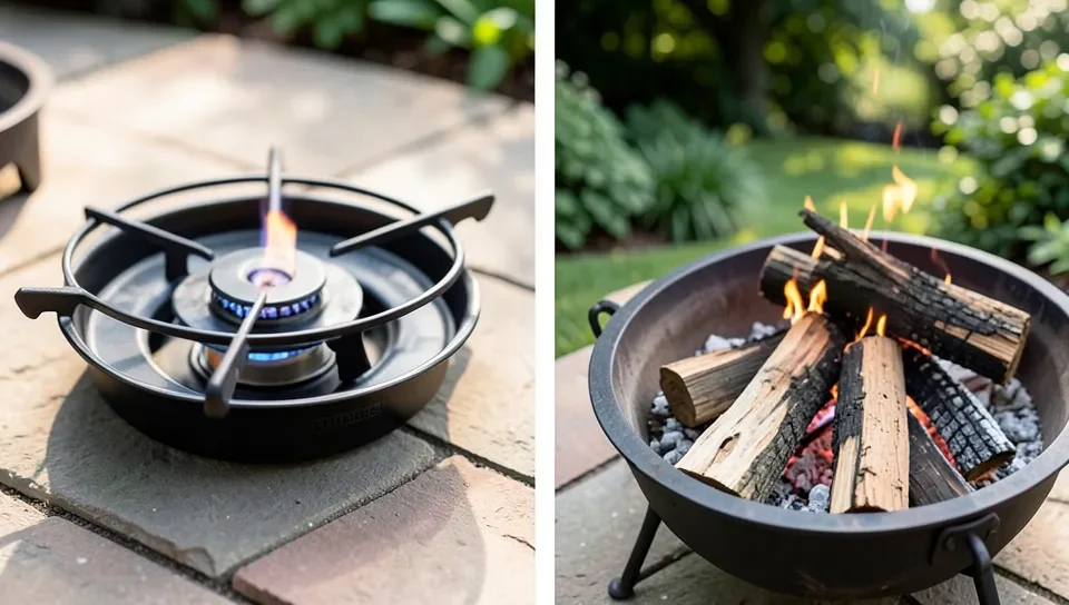 Propane fire pit next to a wood-burning fire pit for comparison