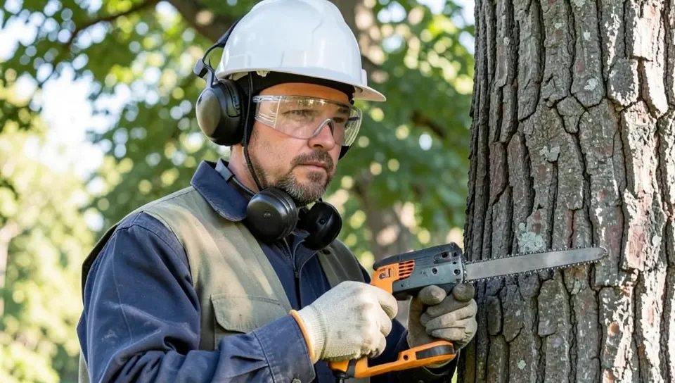 A person wearing full protective gear for tree work