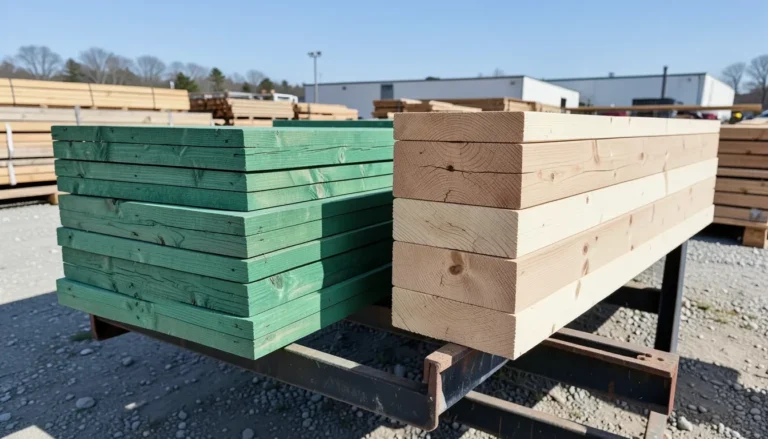 Stack of pressure-treated lumber next to untreated regular wood boards showing the color difference