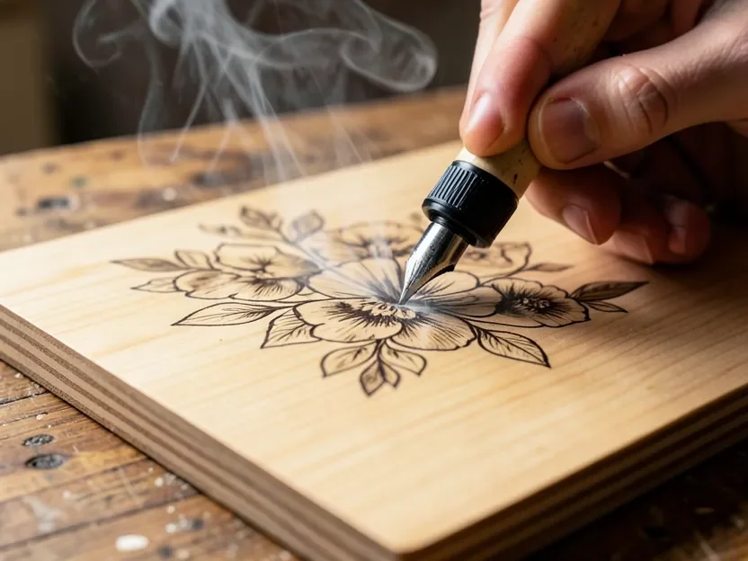 Close-up of a pyrography pen shading a floral design into a wood board with wisps of smoke rising