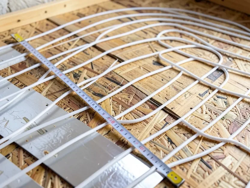 Close-up of PEX radiant heat tubing laid in an even serpentine pattern on plywood subfloor with a tape measure checking loop spacing