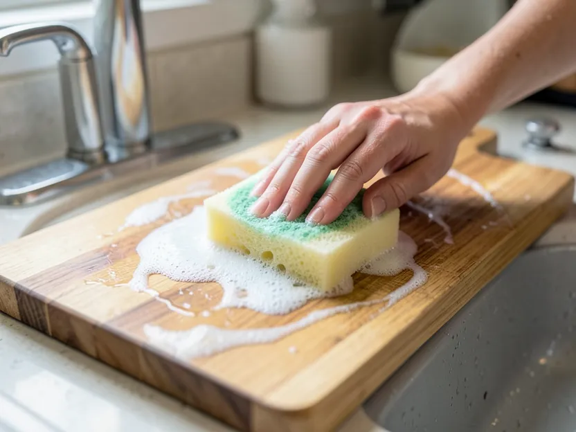 Scrubbing a wood cutting board with soapy water at the sink