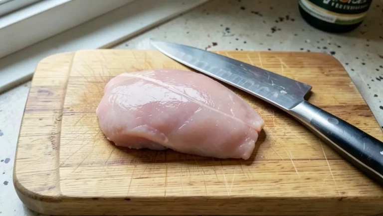 Raw chicken breast fillet and a chef's knife on a wood cutting board