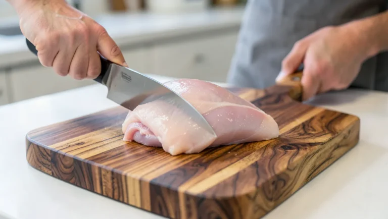 Raw chicken being prepared on a maple wood cutting board