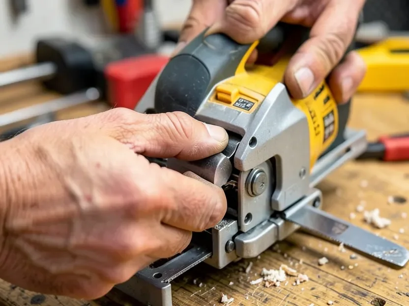 Close-up of a hand doing a tool-free blade change on a reciprocating saw