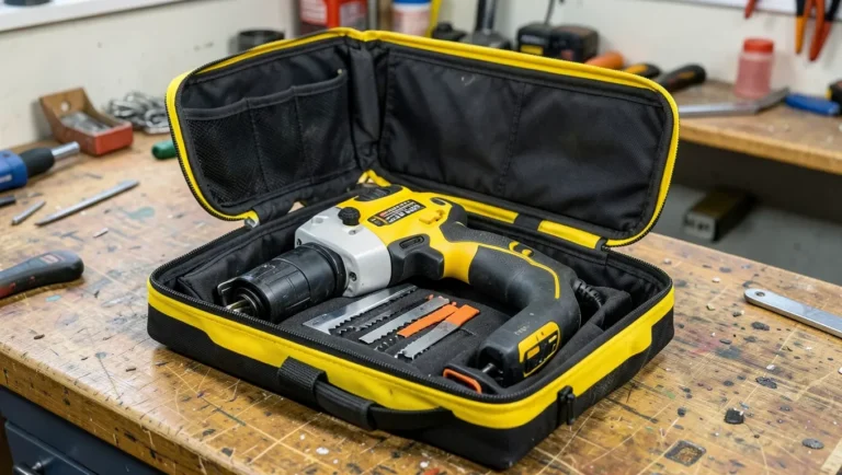 A padded carrying case keeps a reciprocating saw and blades organized