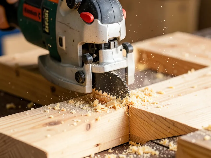 Close-up of a cordless reciprocating saw blade cutting through a wooden board