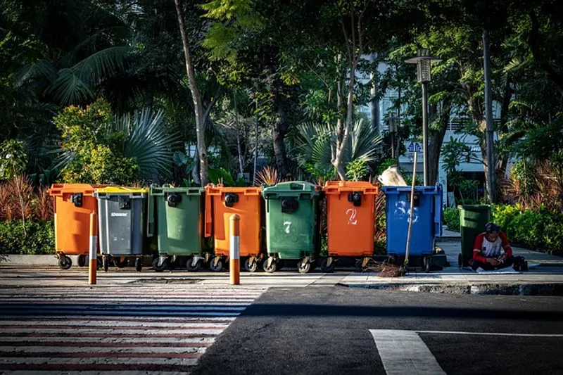 Row of colored recycling bins for disposing of old wood stain cans responsibly
