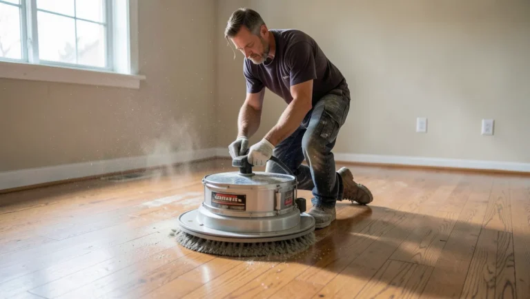Professional using a drum floor sander to refinish a hardwood floor