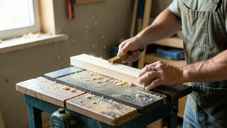 Ripping a board on a portable benchtop table saw