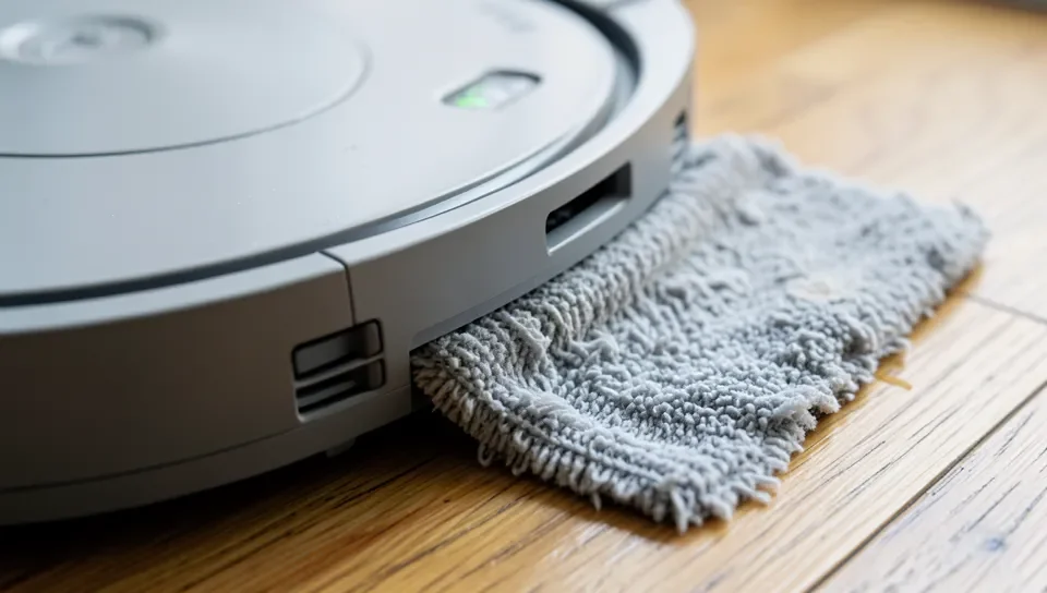 Robot vacuum mop pad set to a barely-damp moisture level for hardwood floors