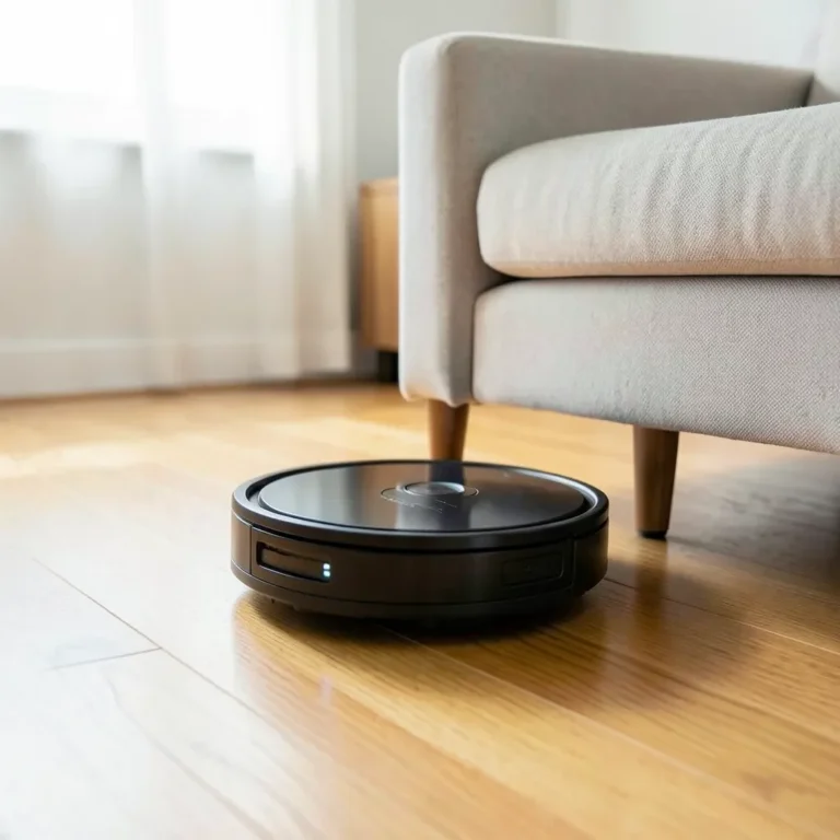 Robot vacuum-mop combo cleaning a hardwood floor