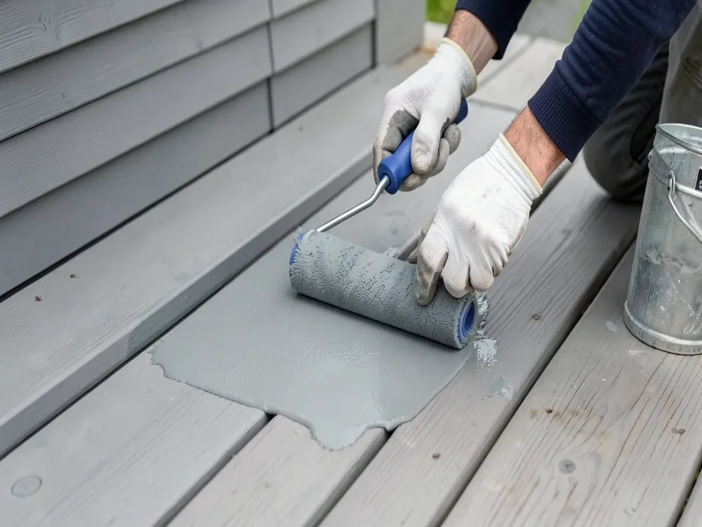 Rolling gray exterior deck paint onto wood deck boards with a paint roller