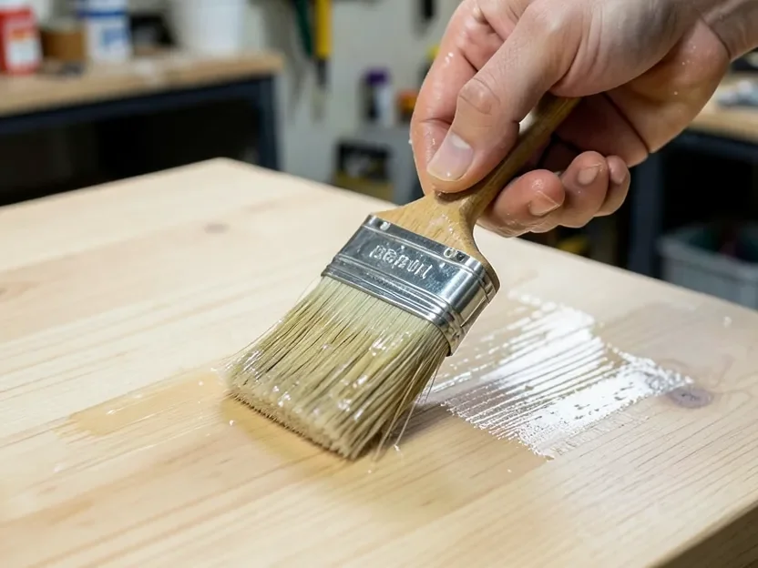 Hand applying a clear wood finish with a brush to a light wood surface