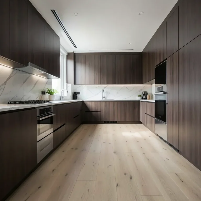 wood floor and cabinet color combination in a modern kitchen