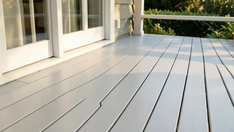 Satin light-gray painted wood porch floor finished with floor enamel paint