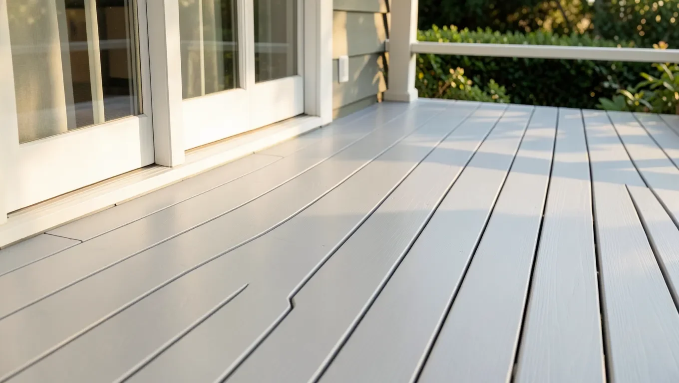 Satin light-gray painted wood porch floor finished with floor enamel paint