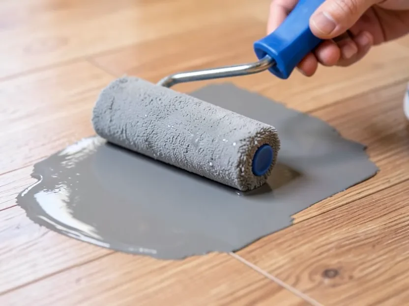 Applying satin gray floor enamel paint to a wood floor with a roller