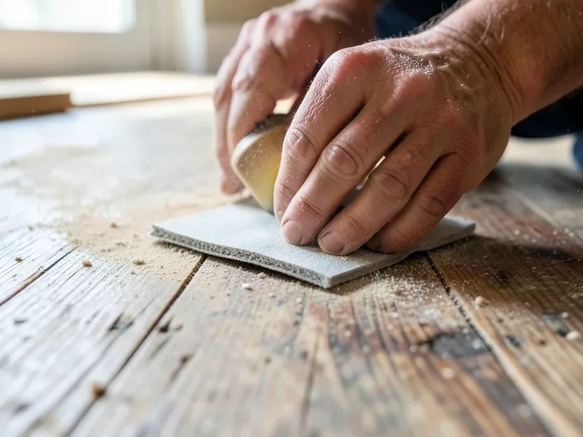 Sanding an old wood floor by hand to prep it before painting with floor enamel