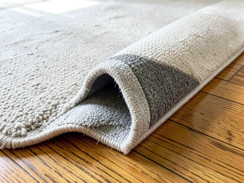 Rolled-up area rug with a non-slip rug pad underneath on a hardwood floor