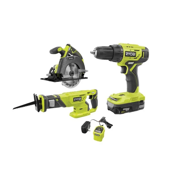 Ryobi ONE+ 18V drill, circular saw, and reciprocating saw combo kit with battery and charger
