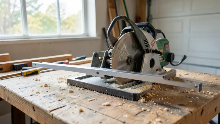 Benchtop table saw with an upgraded aftermarket rip fence installed parallel to the blade