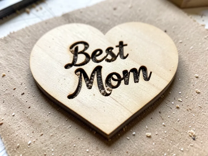 Scroll-cut wooden heart plaque with Best Mom lettering, sanded and ready for finishing