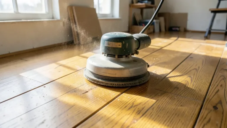 Orbital floor sander refinishing a hardwood floor with visible wood dust