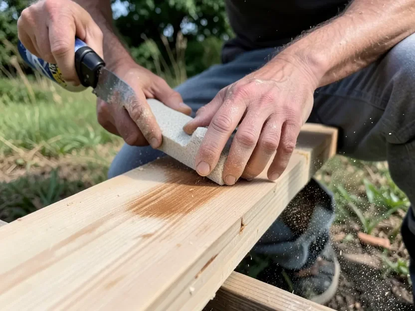 Sanding dried wood filler smooth on a raw wood plank outdoors