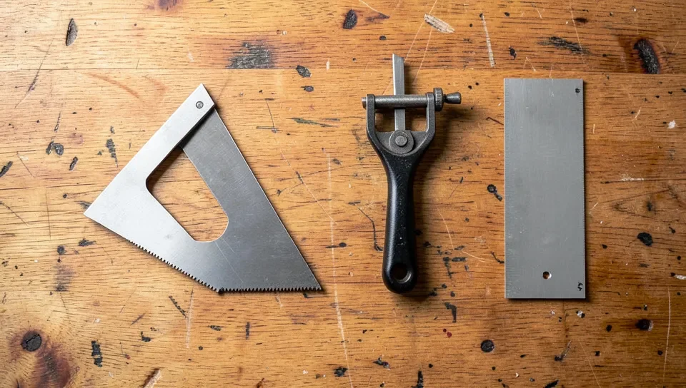 Saw sharpening tools laid out on a workbench