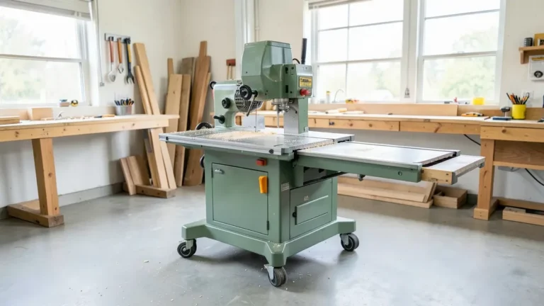 SawStop cabinet table saw on a mobile base with an outfeed support table attached