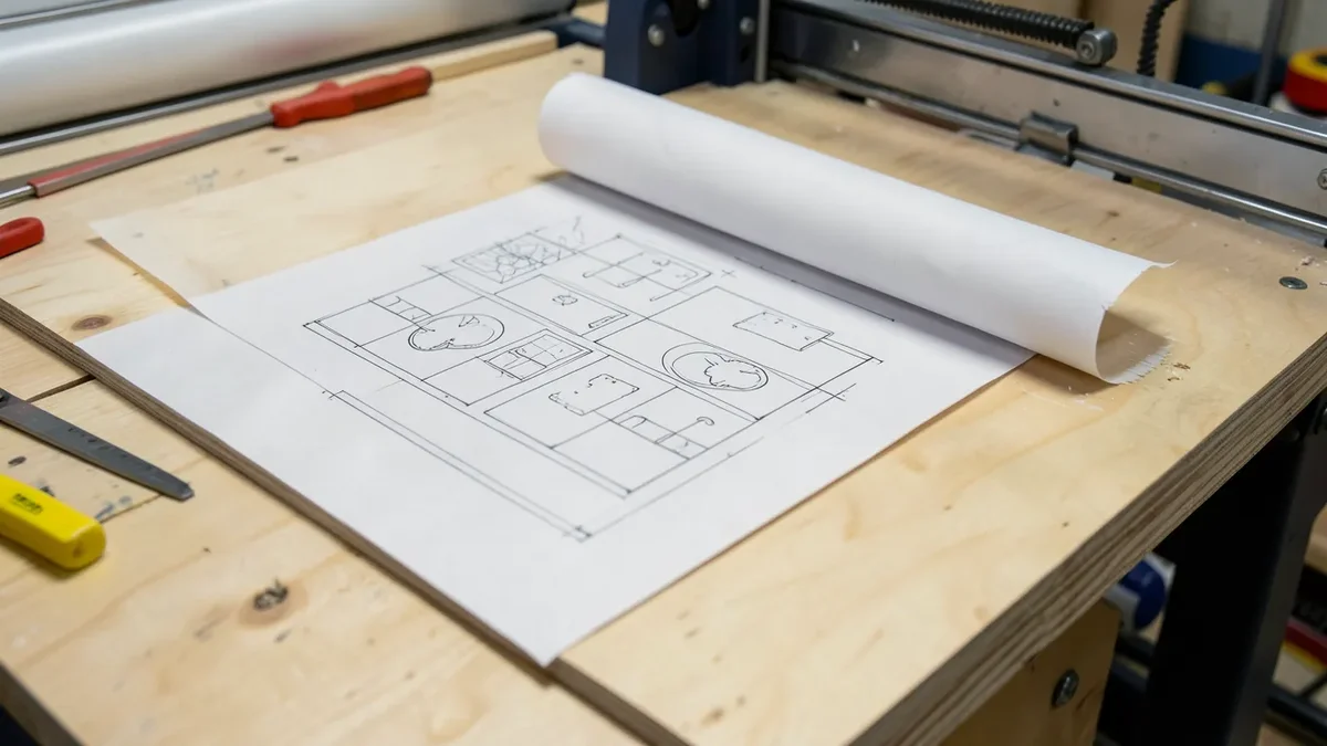 A printed scroll saw pattern taped to a wood blank, ready to be cut