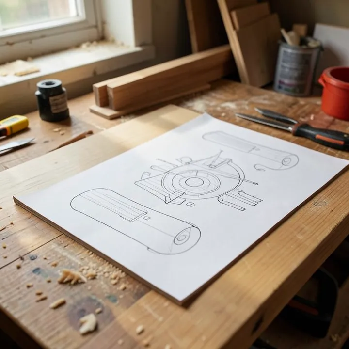 A printed scroll saw pattern taped to a wood blank, ready to be cut