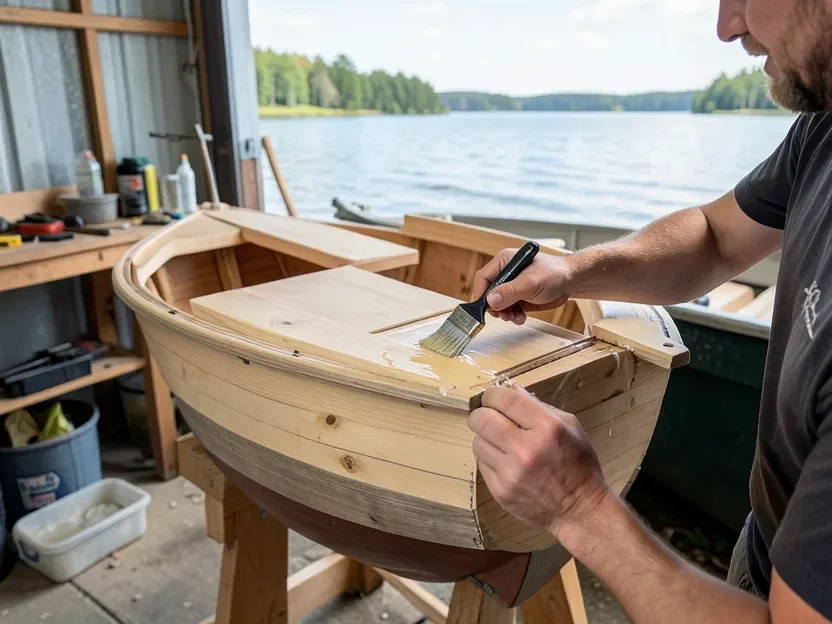 Builder applying epoxy sealant to a plywood boat hull seam near the water