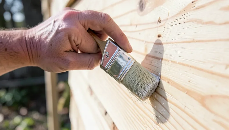 Person applying exterior wood sealant to rough sawn plywood siding with a brush