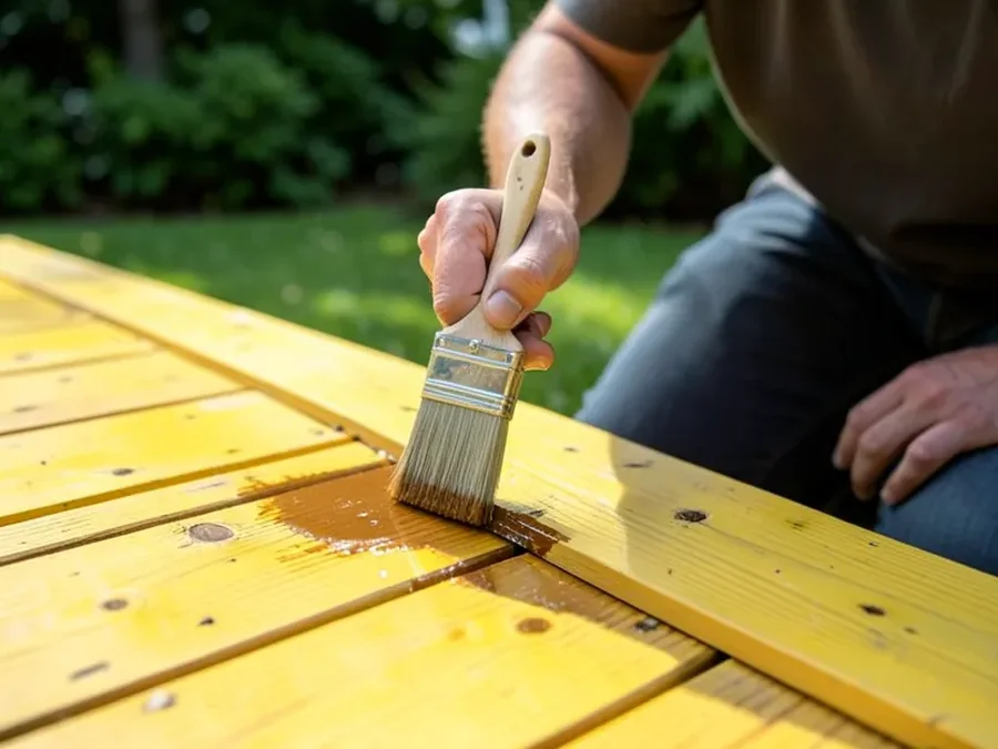Applying sealer stain to a yellow pressure treated wood deck board with a paintbrush