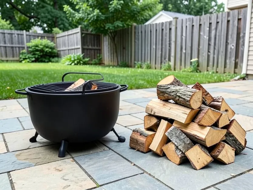 Stack of seasoned split hardwood firewood next to a backyard fire pit