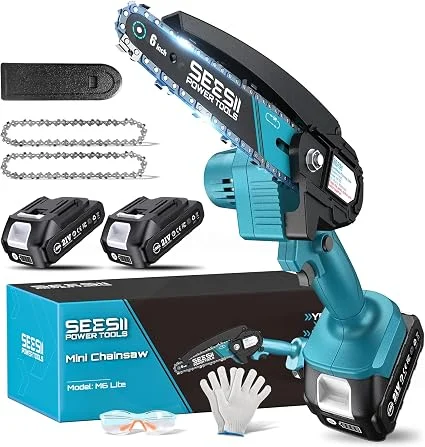 Seesii 6-inch cordless mini chainsaw with 2 batteries