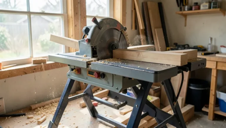 Portable jobsite table saw with folding stand cutting a board, sawdust visible