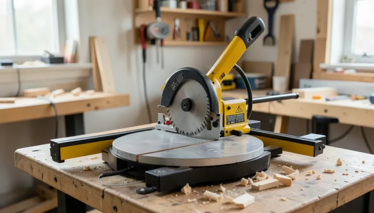 Sliding dual-bevel miter saw set up in a home woodworking shop