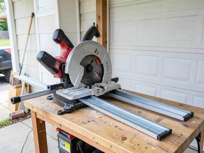 Telescoping rails extended behind a sliding miter saw showing needed wall clearance
