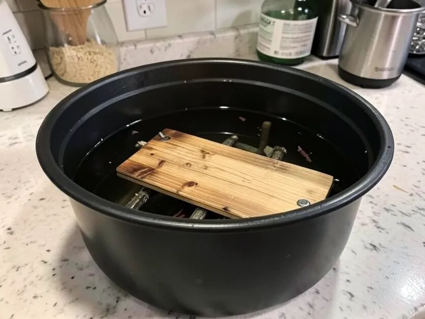 Cedar grilling plank fully submerged and weighted down in a bin of water