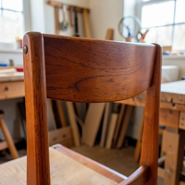 Close-up of a solid cherry wood dining chair back showing grain and joinery