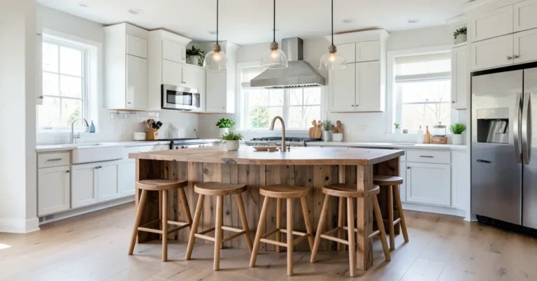 Modern farmhouse kitchen with a stained wood island on wooden legs and bar stools