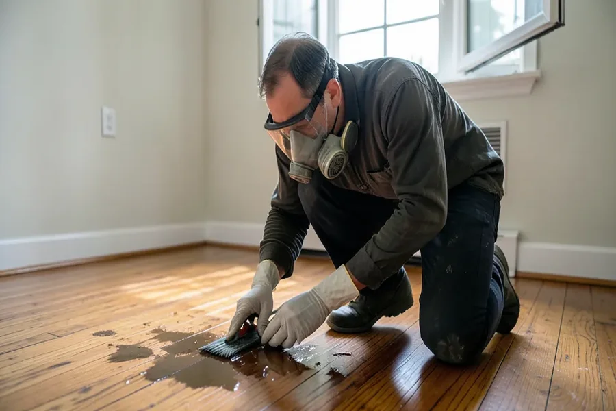Person wearing a respirator mask and gloves while staining a hardwood floor near an open window
