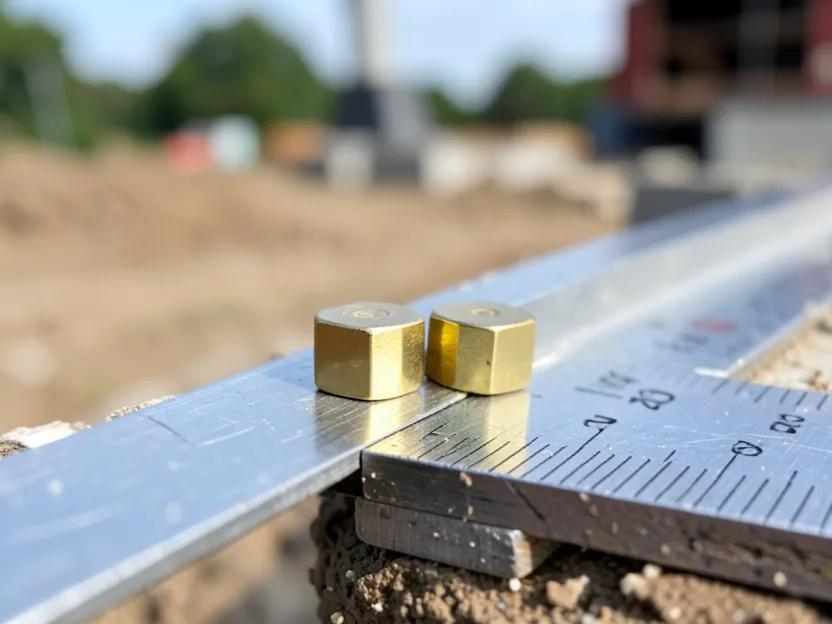 Close-up of brass stair gauges positioned on the edge of a carpenter framing square