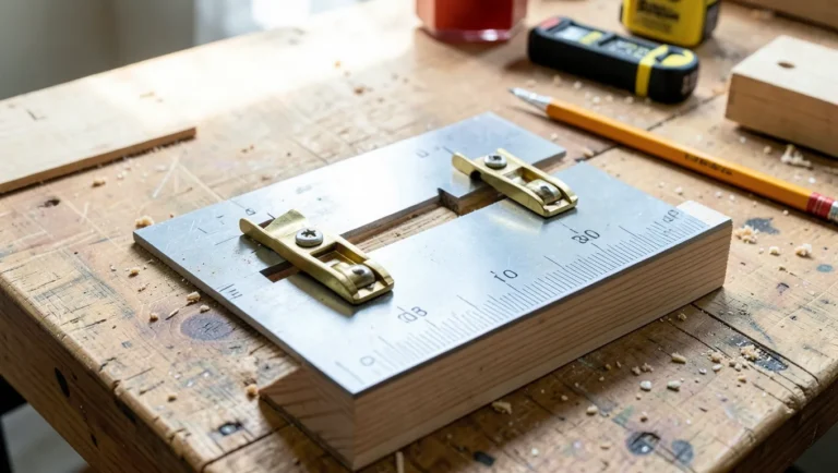 Brass stair gauges clamped to a steel framing square on a workbench for marking stair stringer layout