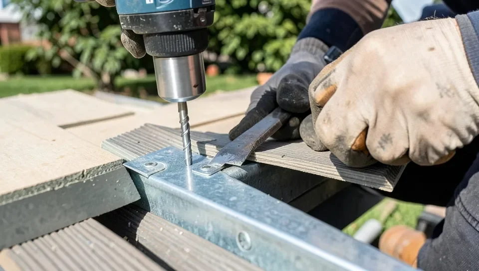 Contractor driving a self-tapping steel screw into a metal deck joist to attach composite decking