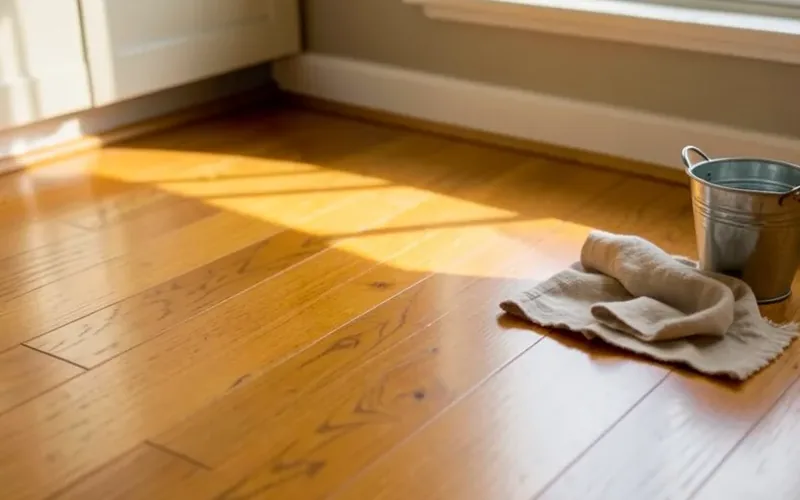 Clean hardwood floor in sunlight with a cleaning cloth and bucket nearby