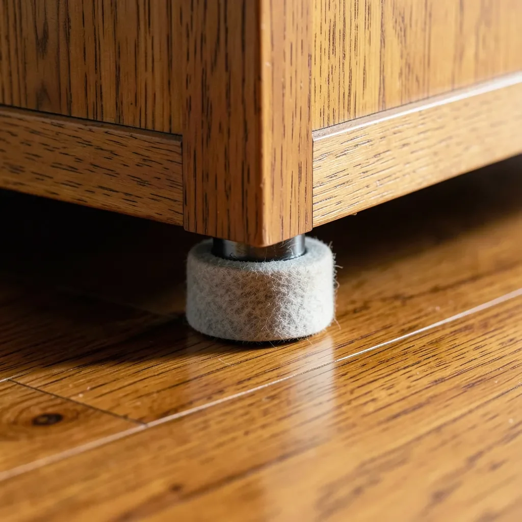 Felt furniture sliders under cabinet legs on hardwood floor